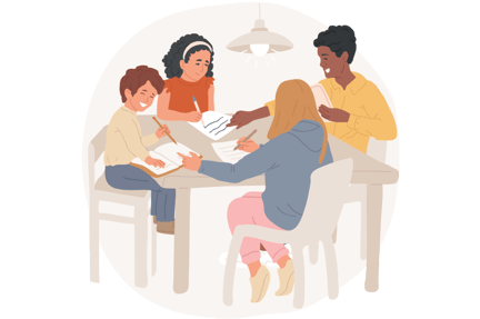 Graphic of students sitting together at a desk doing schoolwork on paper and notebooks