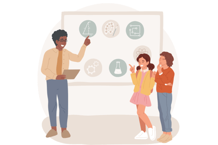 Graphic of teacher showing students a math equation on a white board