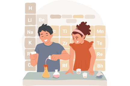 Graphic of two students mixing chemicals with a periodic table behind them
