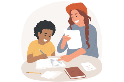 Graphic of student writing in a notebook while teacher is holding a paper and pointing to the notebook