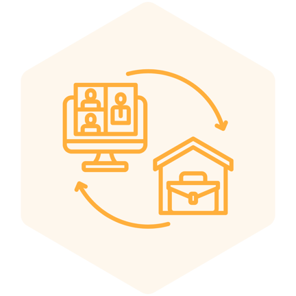 Light yellow hexagon icon with a school with arrow pointing to computer, computer with arrow pointing to school