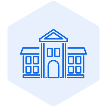 Light blue hexagon icon with a campus building