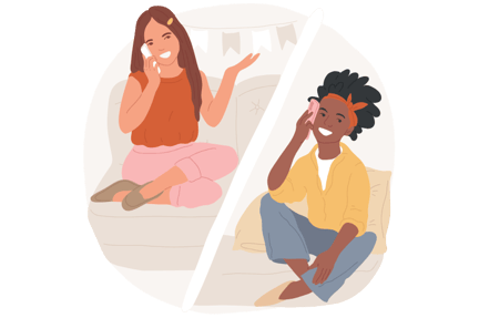 2 students shown in different places, both holding a phone to their ears, sitting on a couch while talking on the phone to each other