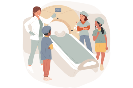 Students inside a medical facility, wearing scrubs, observing a doctor explain medical equipment and how it works