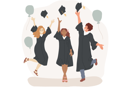 A group of students wearing graduation gowns, throwing their caps in the air and jumping up, with balloons around them