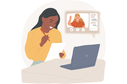 Student sitting at a desk with an open laptop, holding a pencil and paper, with a floating bubble showing an adult with their finger up, wearing headphones, guiding the student through tech support