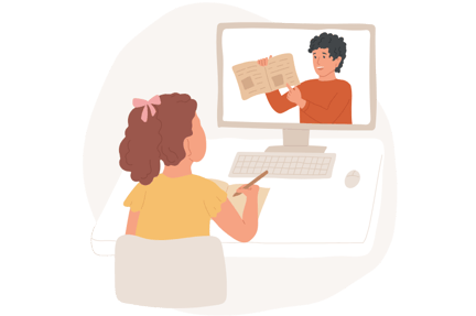 student in an online classroom looking at a computer with a teacher