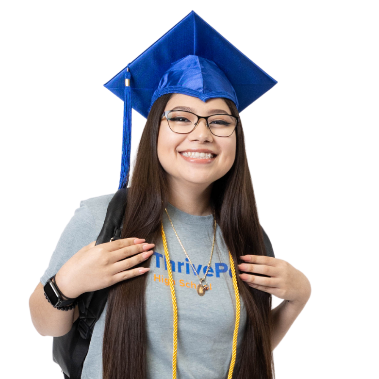 Girl with graduate cap and thrivepoint shirt on